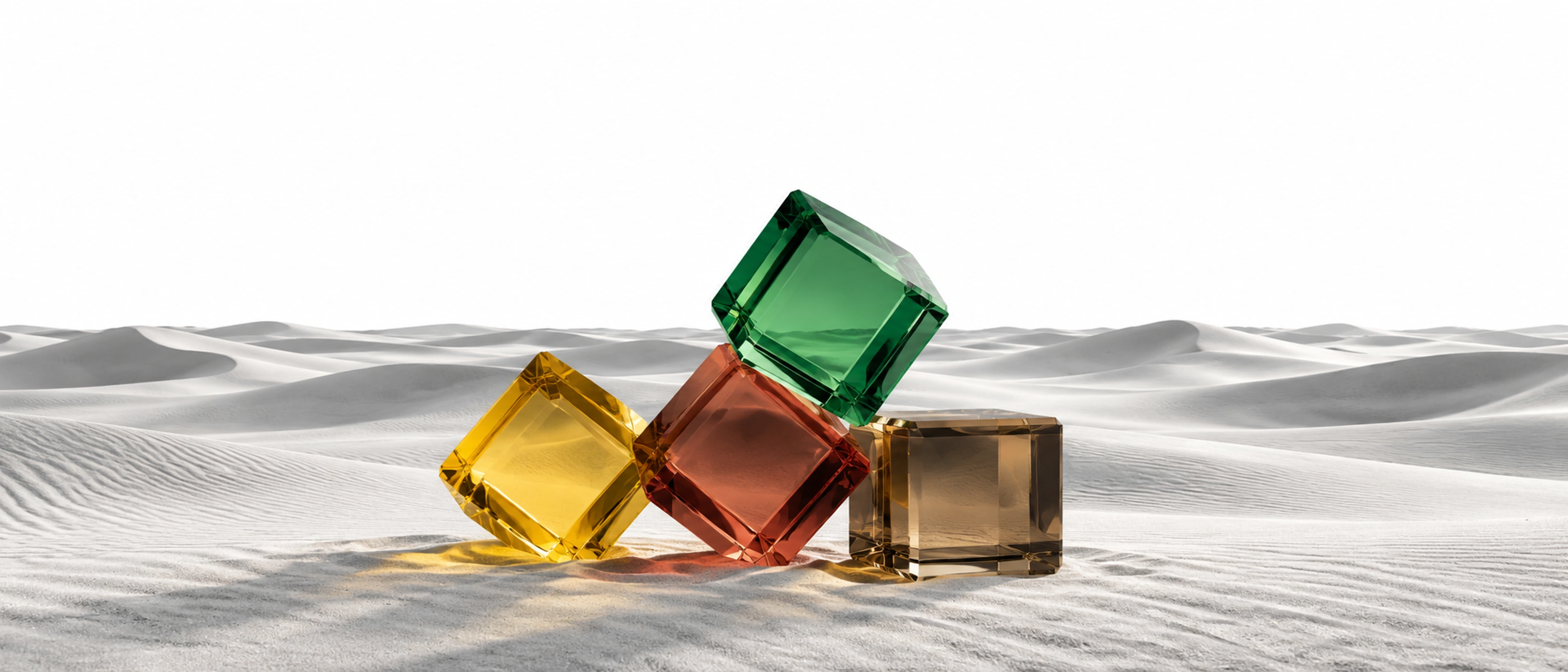 Four glass cubes in yellow, terracotta, green and bronze balanced together on monochrome desert dunes.